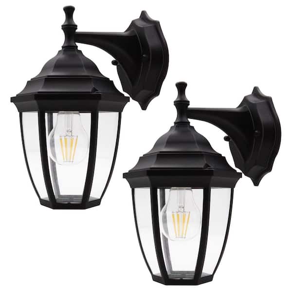 1-Light 11 in. Black Hardwired Outdoor Wall Light Lantern Porch Sconce with Clear Glass with Bulbs Included (2-Pack)
