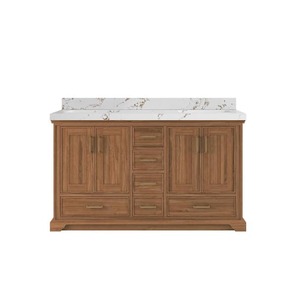 Willow Collections Charlotte Teak 60 in. W x 22 in. D x 36 in. H Double Sink Bath Vanity in Dark Natural with 2 in.  Viola Brown Qt. Top