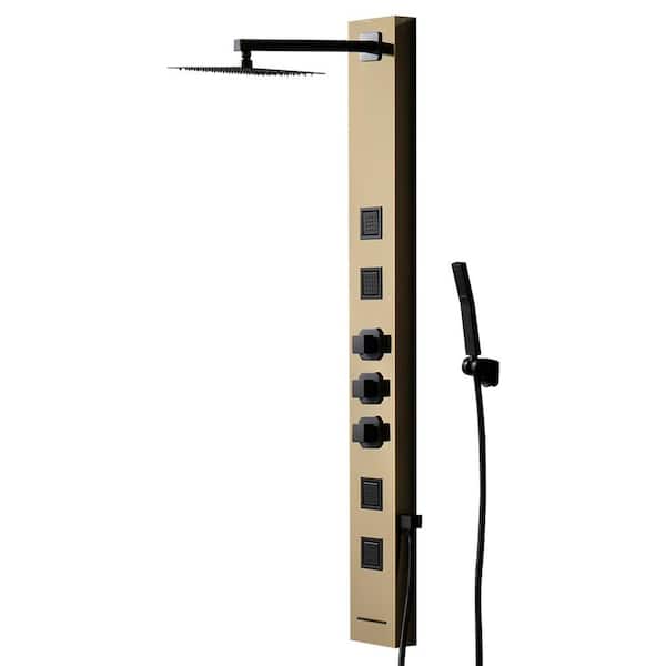 BWE 4-Jet Rainfall Shower Panel System with Rainfall Waterfall Shower Head and Shower Wand in Black Gold