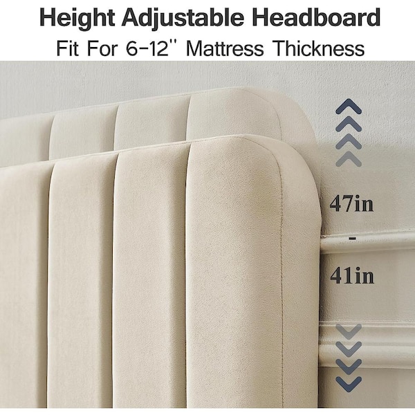 Upholstered Bed Frame, Twin Platform Bed Frame with Adjustable Headboard, Strong Wooden Slats Support, Beige