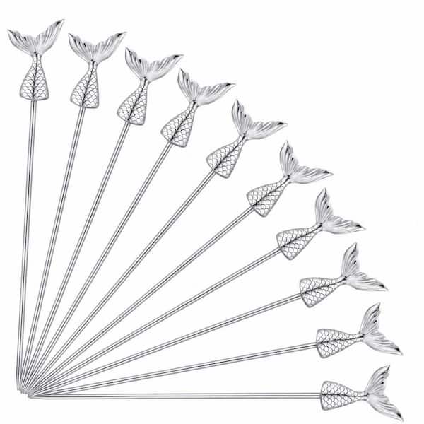 Stainless Steel Mermaid Tail Cocktail Picks 4.8 Inch Reusable Metal Garnish Skewers Set of 10 Inches