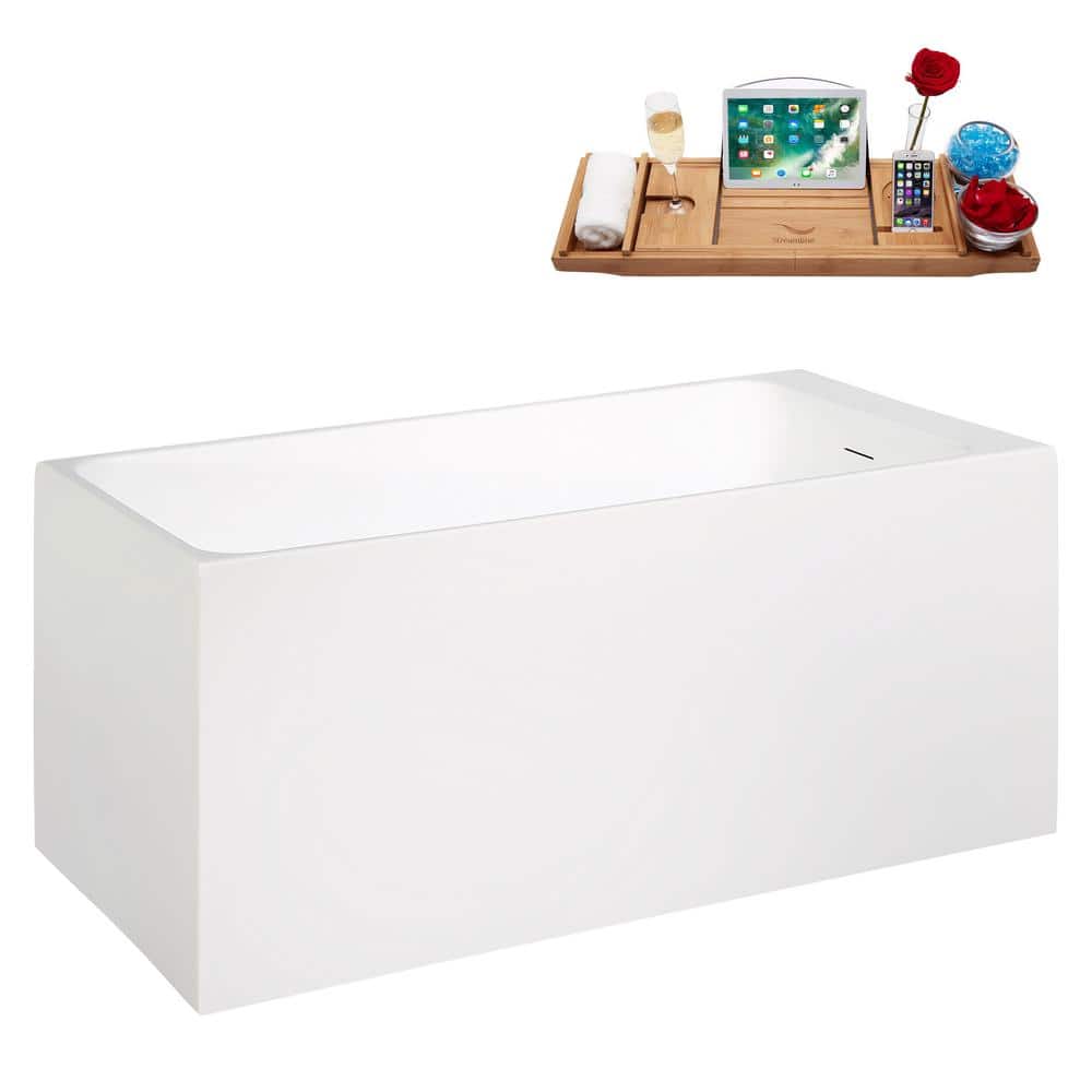 51" Glossy White Acrylic Freestanding Soaking Bathtub with Bamboo Tray