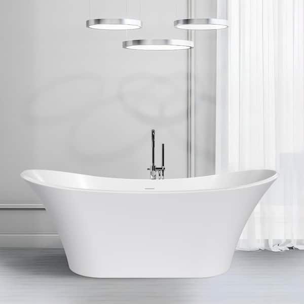 UPIKER Lively 70.4 in. x 31.4 in. Soaking Soild Surface White Bathtub with Center Drain in Stainless Steel