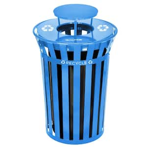38 Gal. Blue Metal Slatted Outdoor Commercial Recycling Receptacle Trash Can with Rain Bonnet Lid