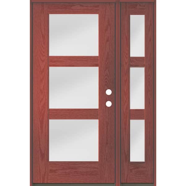 Krosswood Doors BRIGHTON Modern 50 in. x 80 in. 3-Lite Left-Hand/Inswing Satin Glass Redwood Stain Fiberglass Prehung Front Door RSL