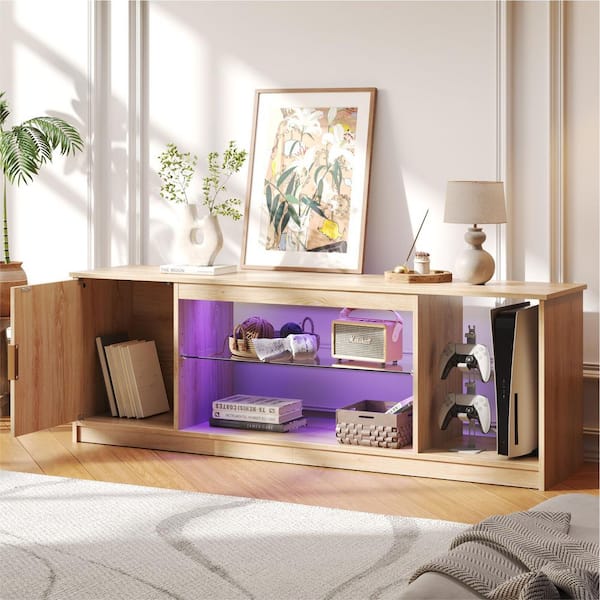 Bestier 57 in. Natural Wood Color Fluted TV Stand Fits TV Up to 65 in. Entertainment Center