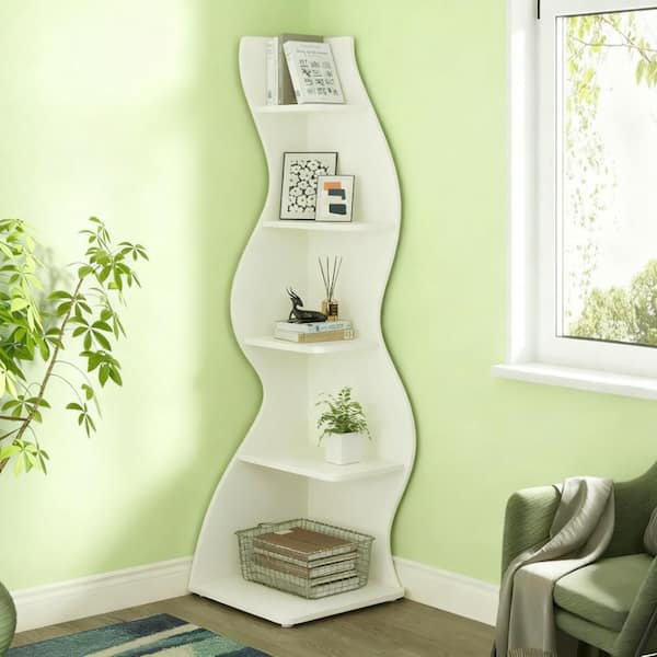 70 in. Tall White Engineered Wood Accent Bookcase, Corner Bookcase, Freestanding Display Shelf for Living Room, Bedroom