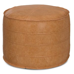 Brody 20 in. Round Pouf in Upholstered Distressed Brown Faux Leather