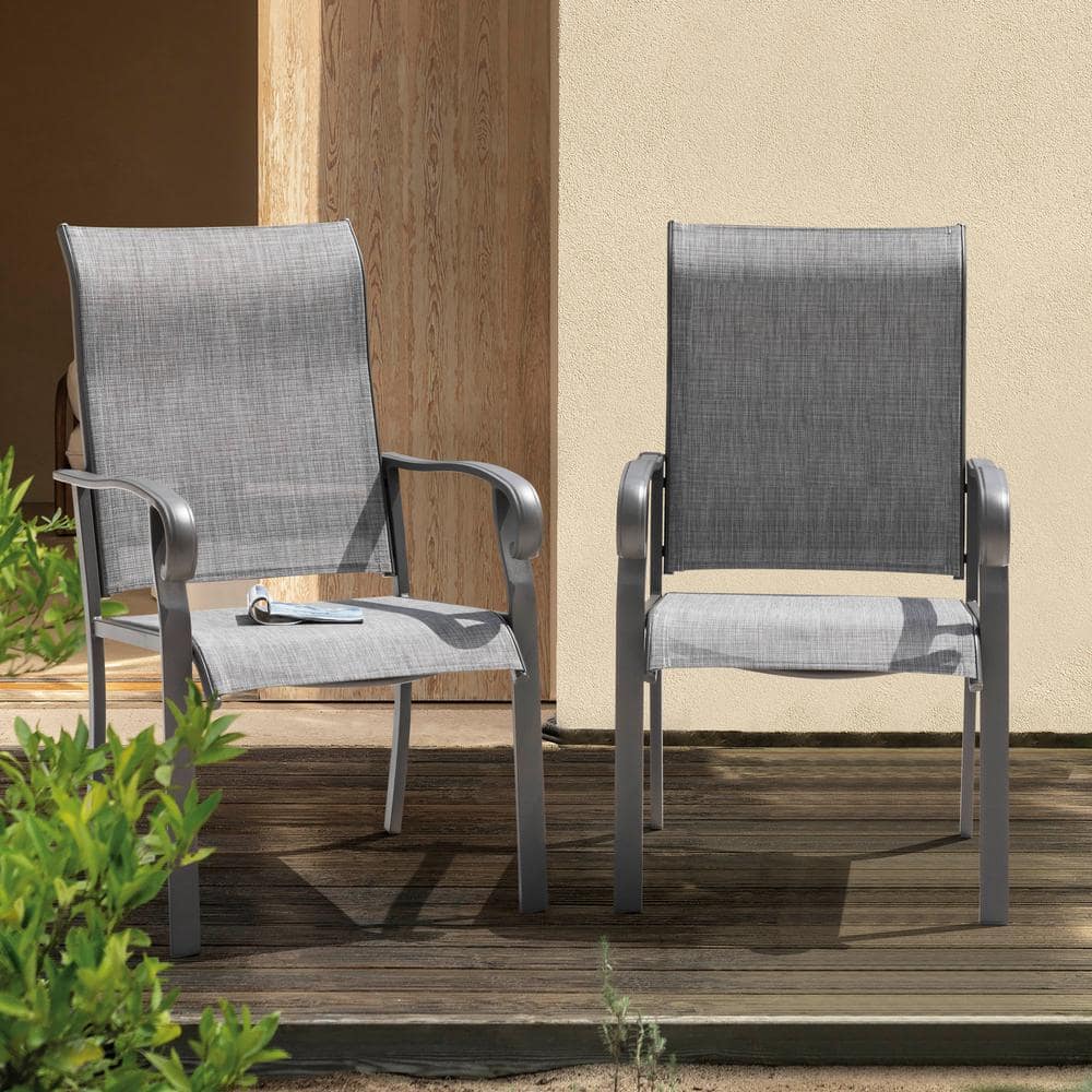 Light Gray Textilene and Iron Outdoor Dining Chairs, Set of 2