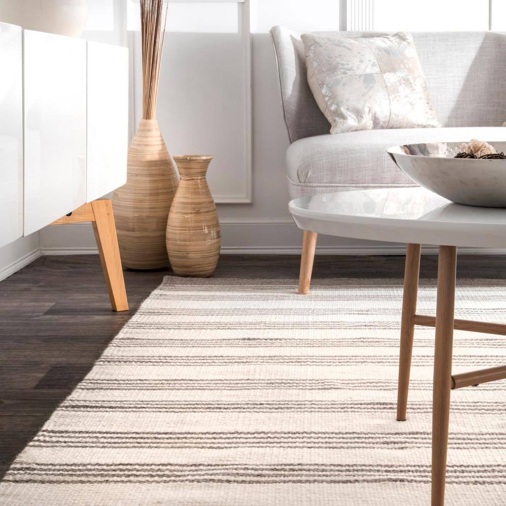 Beige and Black Striped Wool Flat Woven 4' x 6' Area Rug