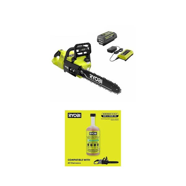 40V HP Brushless 14 in. Chainsaw with 4.0 Ah Battery and 24 oz. Biodegradable Bar and Chain Oil Combo