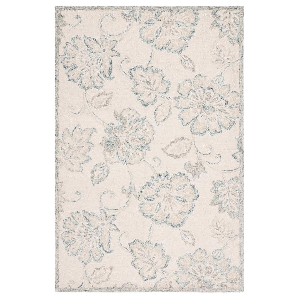 Ivory and Blue Handmade Wool Tufted Rectangular Rug, 3' x 5'