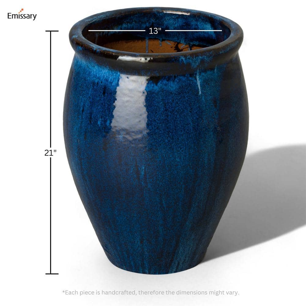 Quin Blue Ceramic Round Medium Outdoor Planter with Drainage Holes