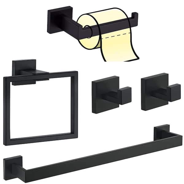 Square 5-Piece Bath Hardware Set with 24 in. Towel Bar TP Holder 2 Towel Hooks Towel Ring in Stainless Steel Matte Black