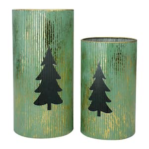 Set of 2 Rustic Green and Gold Christmas Tree Tabletop Lanterns 12 in.