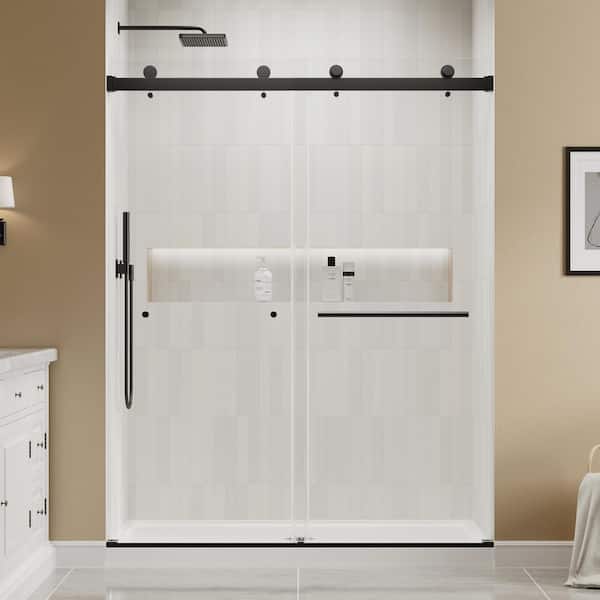 43-48 in. W x 76 in. H Double Sliding Frameless Shower Door in Matte Black with 1/4 in. Clear Glass