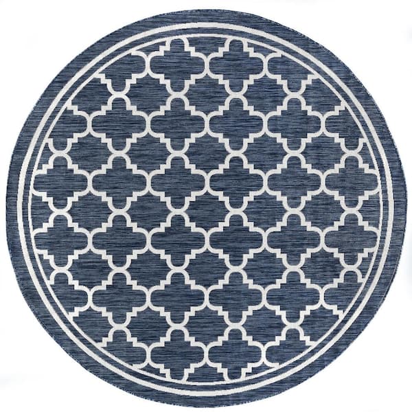 Tayse Rugs Eco Geometric Navy 6 ft. Round Indoor/Outdoor Area Rug