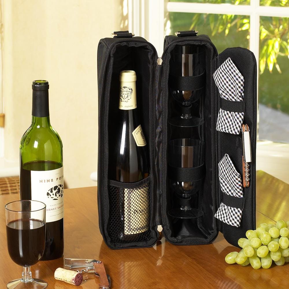  Sunset Black Wine Tote for 2 with Glasses