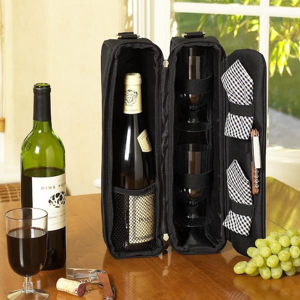 Unbranded Sunset Black Wine Tote for 2 with Glasses