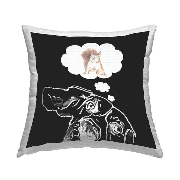 Dog Dreaming Squirrel Funny Black Square Outdoor Throw Pillow