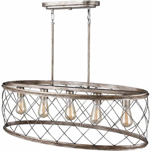 Unbranded Bosywell 5-Light Aged Silver Oval Chandelier for Kitchen Island with No Bulbs Included