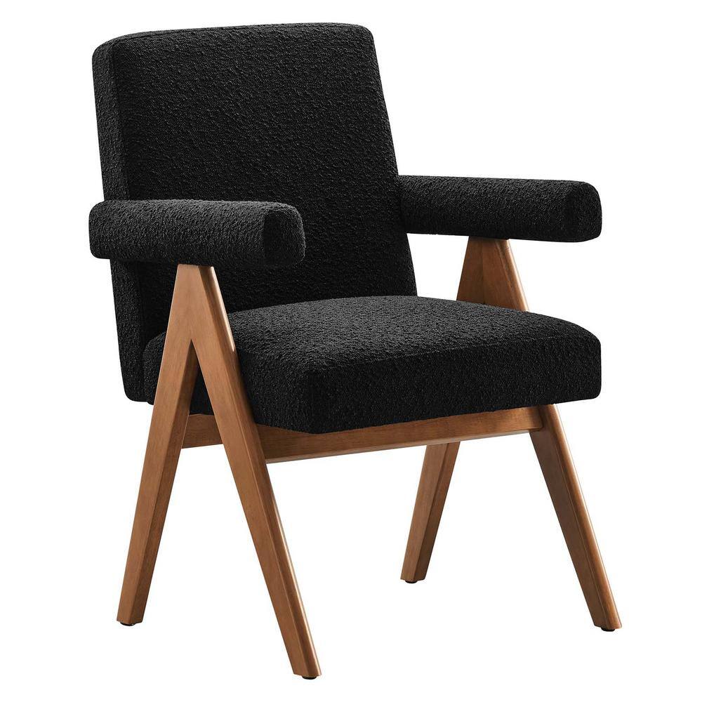 Black Boucle Upholstered Arm Chair with Rubberwood Legs