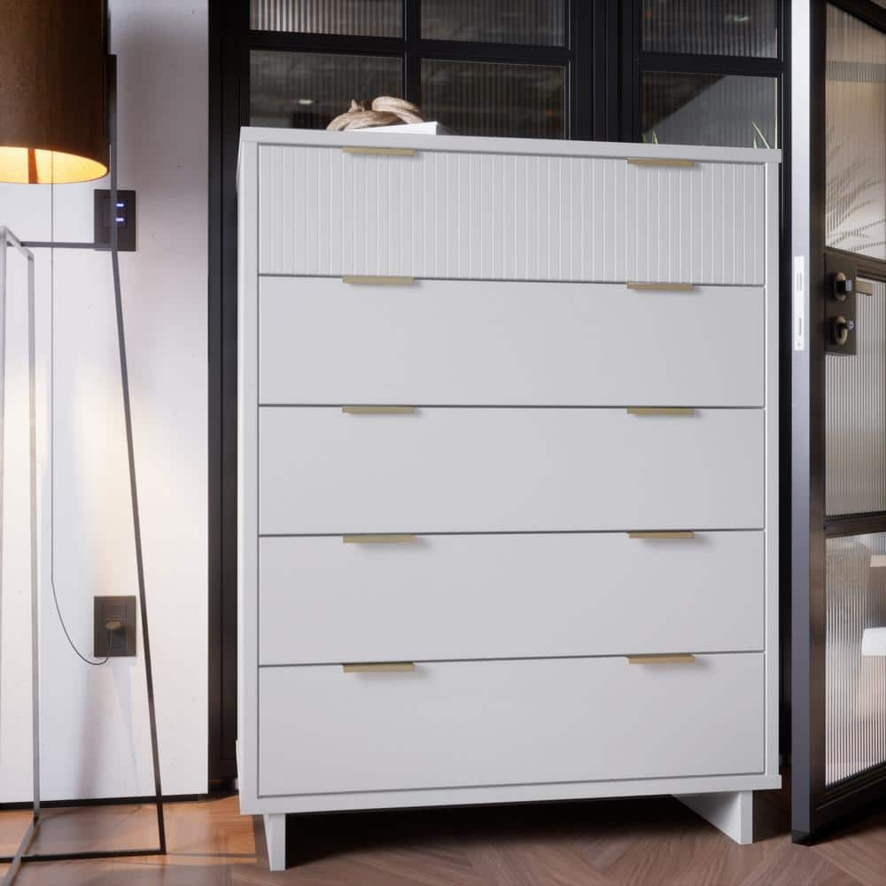 Manhattan Comfort Granville White 5-Drawer 37.95 in. Wide Tall Dresser ...