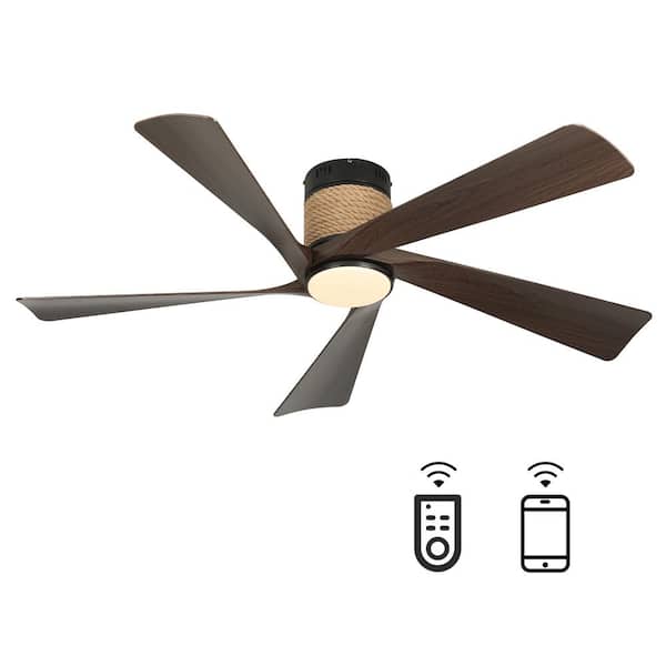 TOZING 52 in. LED Smart Indoor Black and Wood Modern Industry Low Profile Semi Flush Mount Ceiling Fan Light with Remote
