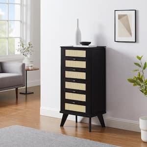 Bethea Black Wood and Cane Free Standing 19.63 in. W Jewelry Armoire with Flip Top and Drawers