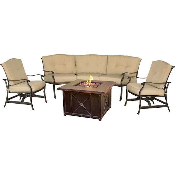 Hanover Traditions 4-Piece Aluminum Patio Fire Pit Conversation Set with Natural Oat Cushions