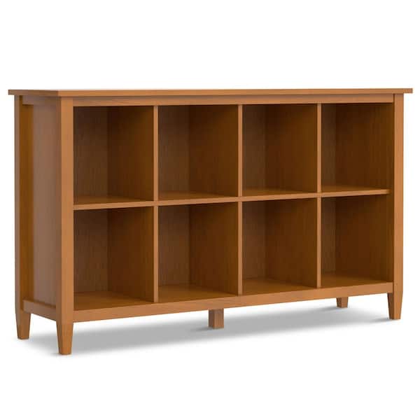 Simpli Home Warm Shaker 57 in. Light Golden-Brown Rectangle Wide Transitional Solid Wood 8-Cube Storage Console Table
