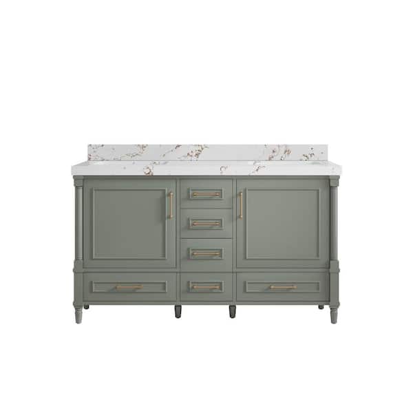 Willow Collections Hudson 60 in. W x 22 in. D x 36 in. H Double Sink Bath Vanity in Evergreen with 2 in. Viola Brown Quartz Top