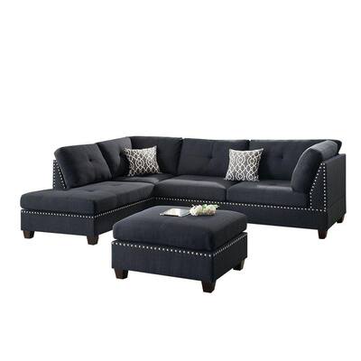 Reversible Sectional Sofas Living, Linzi Black Fabric Reversible Sectional Sofa With Ottoman By Poundex