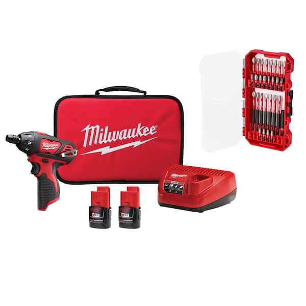 M12 12V 1/4 in. Hex Screwdriver Kit w/ (2) 1. 5Ah Batteries, Charger, Bag with 28-Pc SHOCKWAVE Set