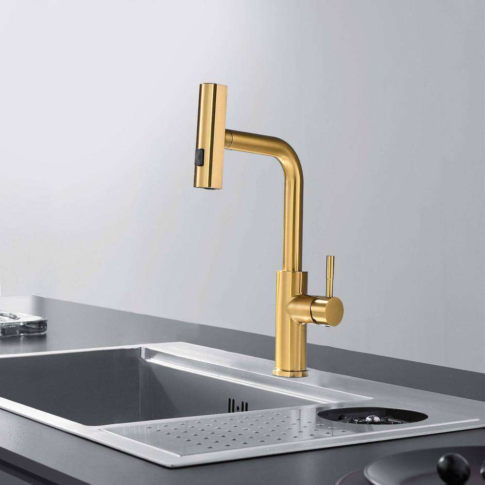 Brushed Gold Stainless Steel Single Handle Pull Out Kitchen Faucet