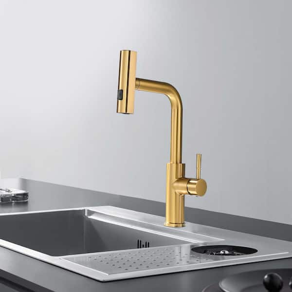 360 Degree Spout Swivel 14.1 in. Height Single Handle Pull Out Sprayer Kitchen Faucet Stainless Steel in Brushed Gold