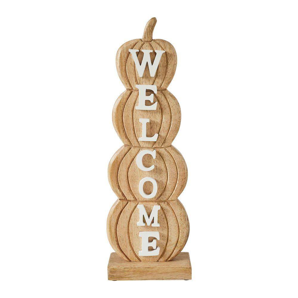 VHC BRANDS 16.5 in. Brown Wooden Pumpkin Stack Welcome Christmas