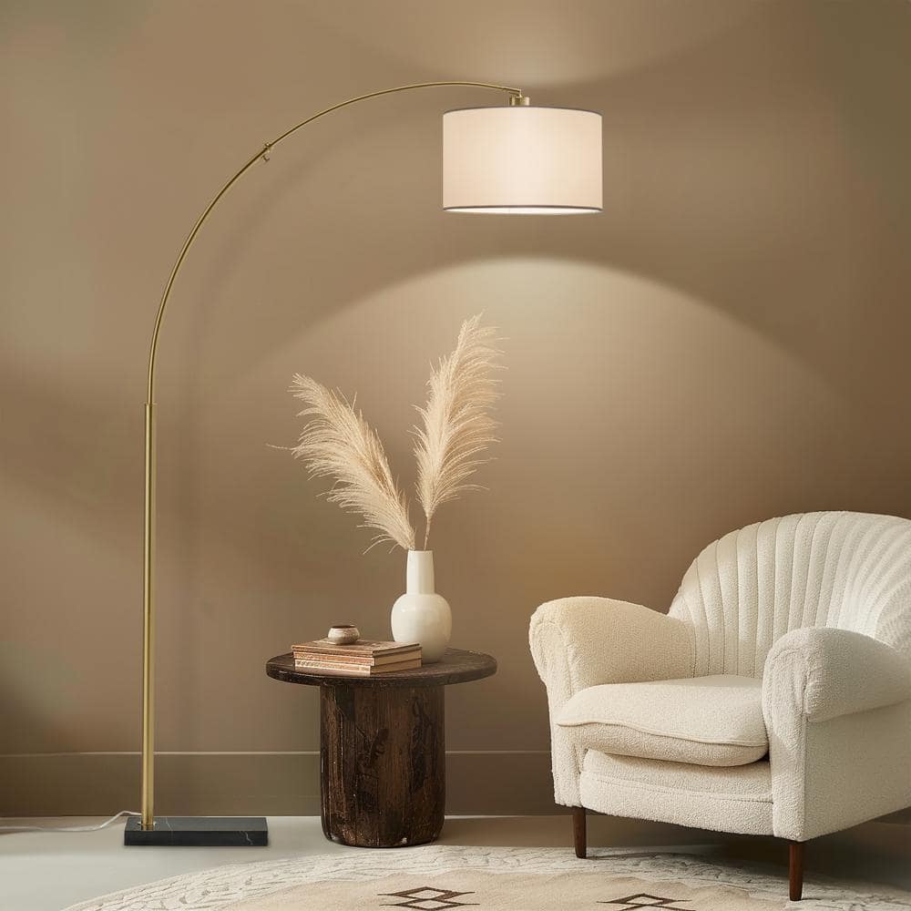Antique Brass Arc Floor Lamp with Fabric Shade