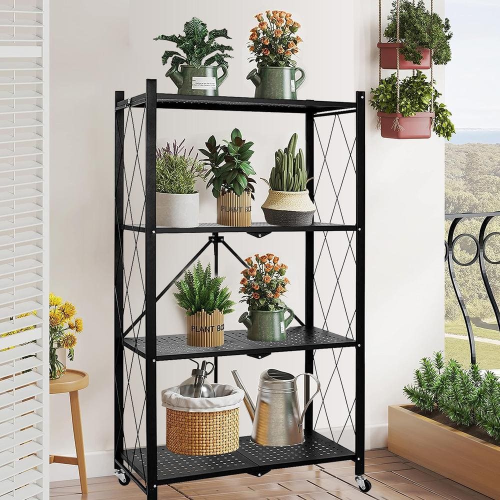 4-Tier Foldable Metal Storage Rack with 3 Hooks, Black Shelving