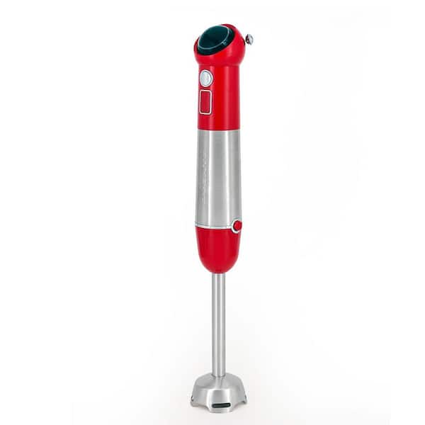 OVENTE Immersion Blender Red Stainless Steel Blades Rechargeable 300W Hand Mixer 2-Speed Pulse Activating Sensor