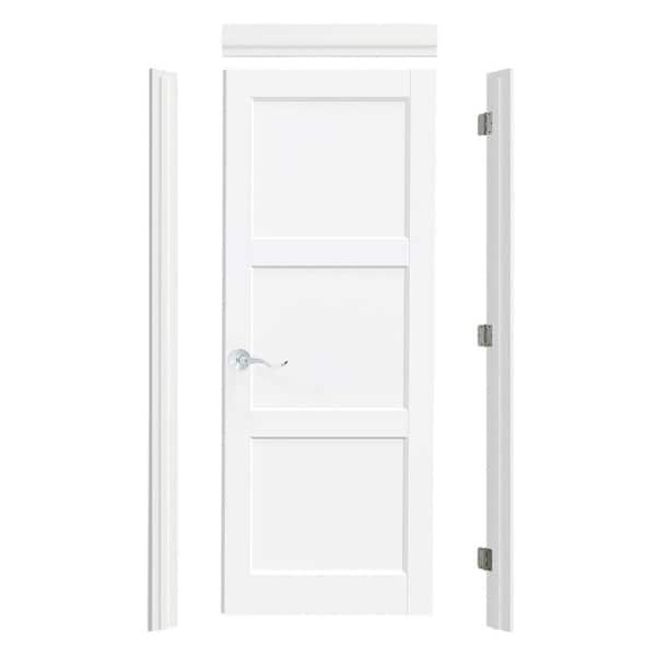 30 in. x 80 in. 3 Panel, Solid Core, White Primed Prehung Interior Door Right-Handed with Assemble Jamb & Handle