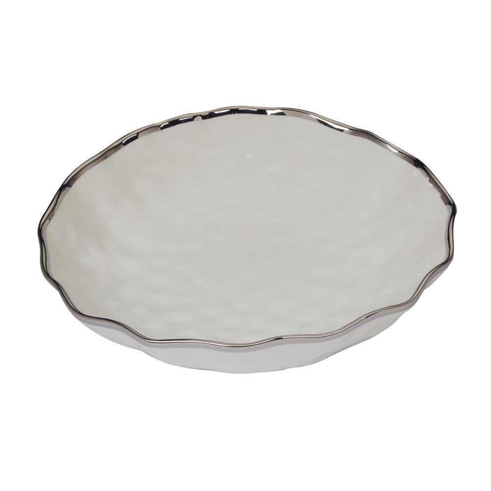 Gray Ceramic Round Serving Bowl with Silver Rim