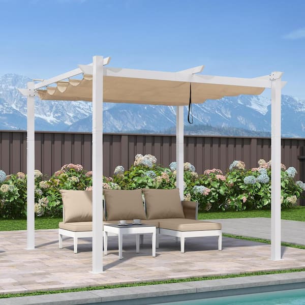 10 ft. W x 10 ft. D Modern White Aluminum Pergola with Khaki Adjustable Sun Shelter Canopy and Extra Protective Roof