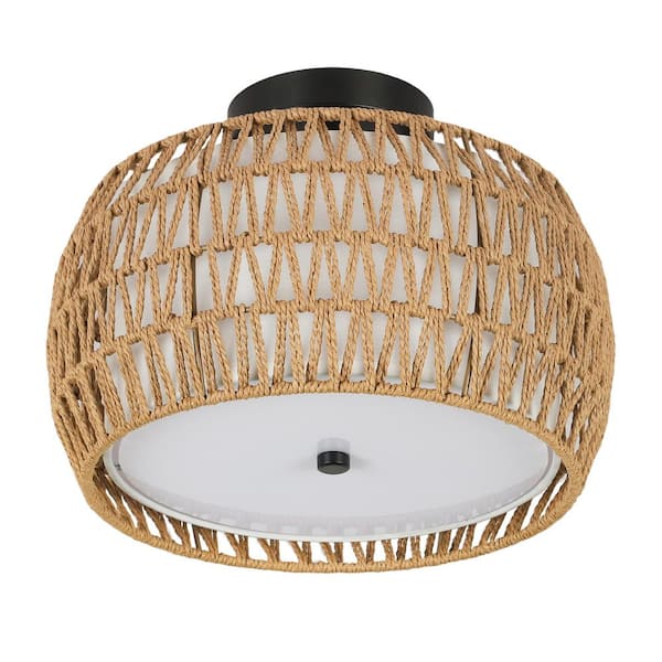 12.6 in. 3-Light Farmhouse Semi Flush Mount Ceiling Lights with Fabric and Rattan Double Drum Shade