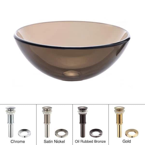KRAUS 14 in. Glass Vessel Sink in Clear Brown with Pop-Up Drain and Mounting Ring in Oil Rubbed Bronze