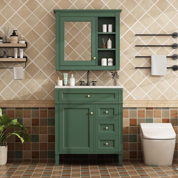 30 in. W Single Sink Freestanding Green Bath Vanity with White Resin Top and Adjustable Shelves