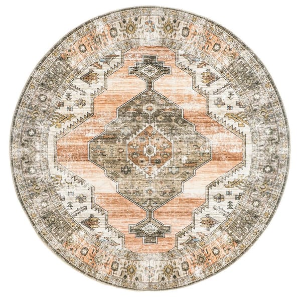 nuLOOM Gracie Machine Washable Distressed Medallion Peach 6 ft. x 6 ft. Indoor Round Rug