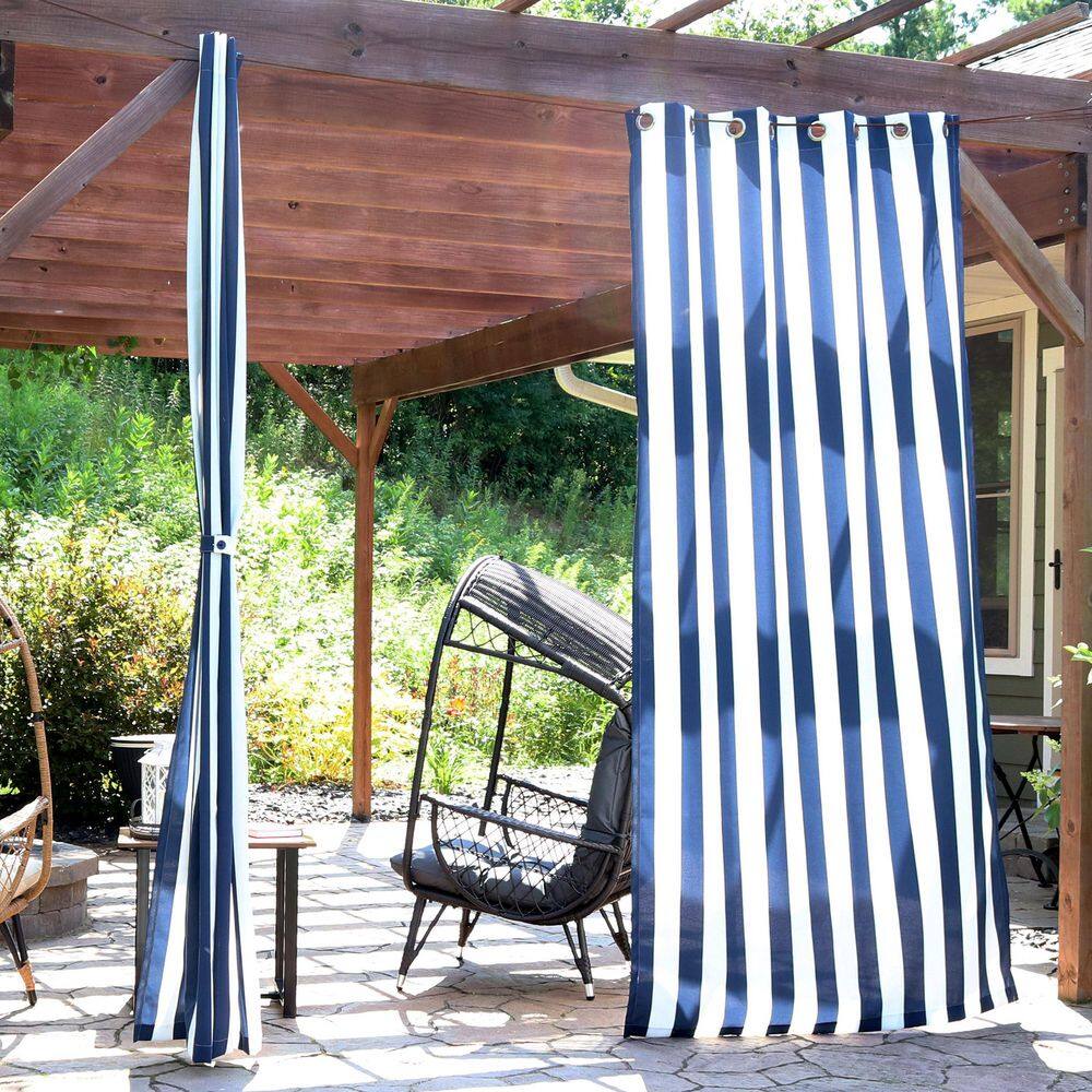 Blue and White Stripe Polyester Light-Filtering Grommet Curtain Panel