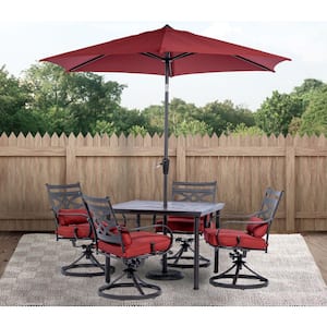 Montclair 5-Piece Steel Outdoor Dining Set with Chili Red Cushions, 4 Swivel Rockers, 40 in. Table and 9 ft. Umbrella