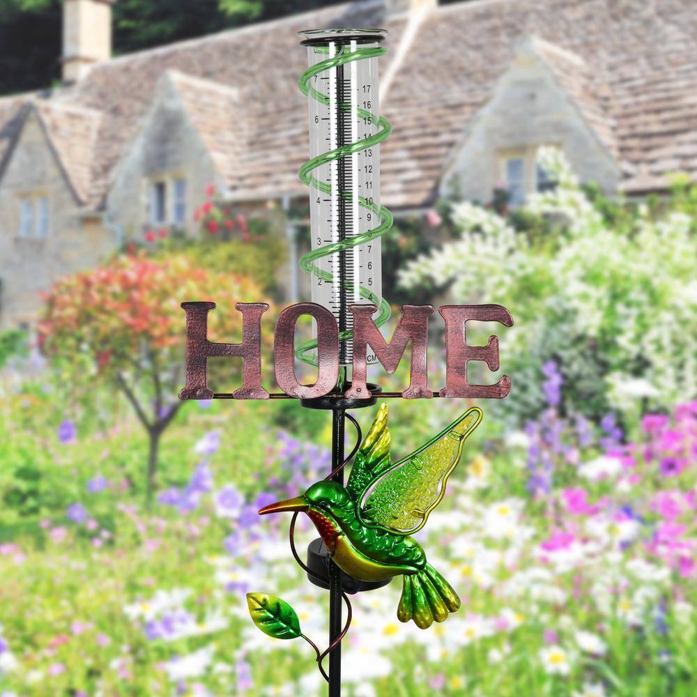 Green Metal Solar Hummingbird Rain Gauge Garden Stake